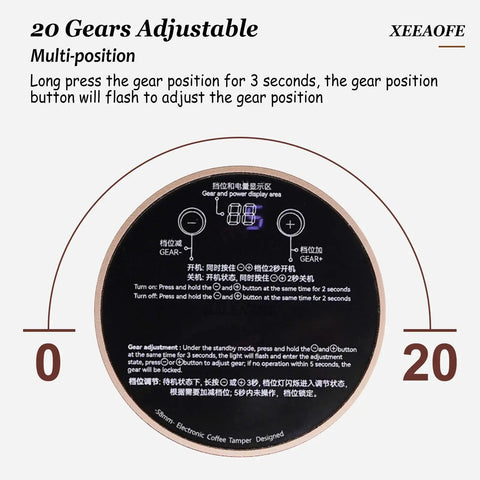 Premium 58mm Espresso Tamper and Distributor Kit control panel showing 20 adjustable settings for precise espresso tampering.