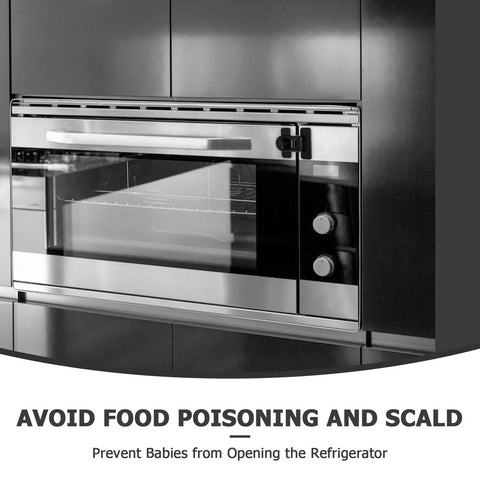 Stainless steel oven secured with 4 Pack Cabinet And Oven Locks For Refrigerator And Oven Easy To Use Plastic Safety Latches