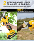 SundpeyPRO 21V Brushless Electric Pruning Shears Max 2 Inch Cut showing two modes for cutting branches up to 2 inches thick.