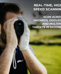 Golfer using Golf Rangefinder With Slope On Off 6X Magnification 1000 Yard Pin Seek Waterproof on golf course
