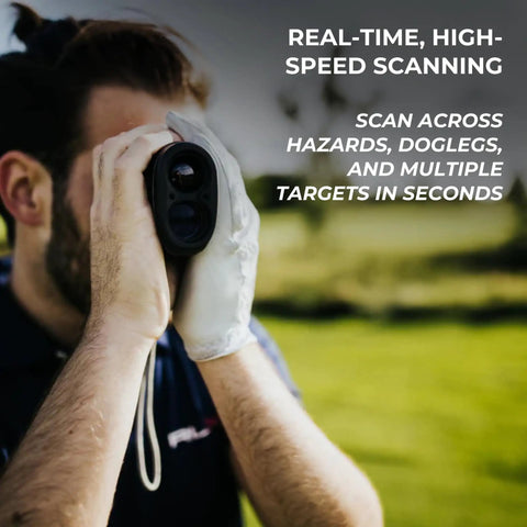 Golfer using Golf Rangefinder With Slope On Off 6X Magnification 1000 Yard Pin Seek Waterproof on golf course