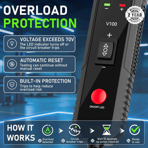 Heavy Duty V100 Auto Voltage Tester Pro For Cars And Trucks To Check Circuits Continuity Ground Polarity Plus One Way Overload Safe Power Probe Tool with overload protection and LED.