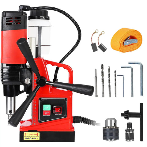Powerful 1400W Magnetic Drill Press With 2 Inch Boring Capacity And 810 RPM, includes drill bits and accessories on a red drill.