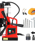 Powerful 1300w Portable Electric Mag Drill Press With 810Rpm Variable Speed And Magnetic Base For Heavy Duty Boring Tasks, components and drill bits visible.