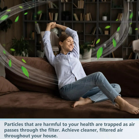 Woman relaxing on sofa with clean air, visualizing Two Rolls Of 120 Inch Air Vent Filters For HVAC And Home Use DIY Size Dustproof Floor Vent Media Pad In Blue And White 25 Inch Wide Fits Standard Vents And Aquarium Setup effect