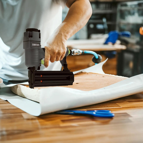Killer Pneumatic 18 Gauge Brad Nailer Crafted Light As A Feather From Die Cast Aluminum in use for trim work on wood.
