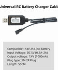 Universal RC Battery Charger Cable with USB to SM 2 Pin Plug for 7.4V 2S LiPo Batteries, 55cm length