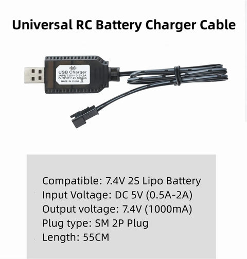 Universal RC Battery Charger Cable with USB to SM 2 Pin Plug for 7.4V 2S LiPo Batteries, 55cm length