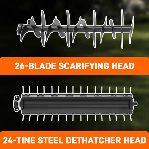 26-blade scarifying head and 24-tine steel dethatcher head for 2 In 1 Electric Dethatcher And Scarifier, 15 inch width, 13 Amp power