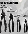 Four 90-degree bent pliers with various tip sizes from Heavy Duty Snap Ring Pliers Set Pro Grade With 10 Piece Internal And External Circlip Pliers Including Bent And Straight Tips Plus Hook And Pick Storage Case And Gloves For Easy Ring Removal.