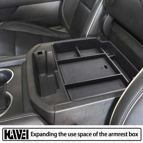 Black Boss Level Power Sliding Center Console Organizer for 2021 to 2026 GMC Yukon Tahoe Suburban in armrest tray view