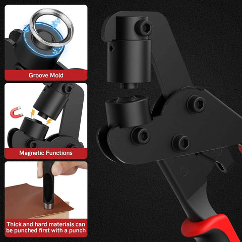 3/8-Inch Grommet Kit With Handheld Eyelet Pliers showing magnetic function and groove mold close-up