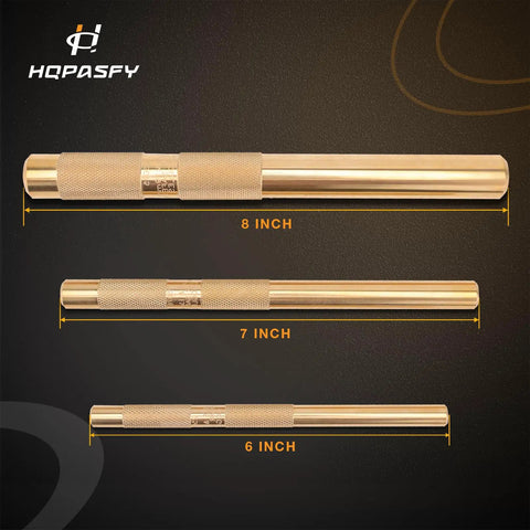 Drift Punch Set 3-Piece for Pin Removal and Alignment Includes Three Quarter Inch 19mm by Eight Inch, One Half Inch 13mm by Seven Inch, and Three Eighths Inch 10mm by Six Inch Brass Punches Non Marring Auto and Motorcycle Repair Tools