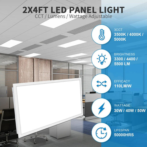 Diagram of 24 Pack 2x4 LED Flat Panel Light For Drop Ceiling With 0-10V Dimmable And Selectable 3500K/4000K/5000K, 30W/40W/50W.
