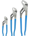 V Jaw Tongue And Groove Pliers Set With Dipped Handles, 3 Piece Blue Pliers For Round Stock And Tubing, Sizes 6.5, 9.5, 12 Inches