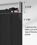 Close-up of black Concealed Sliding Barn Door With Soft Close Hardware Kit showing L groove cut and dimensions for installation
