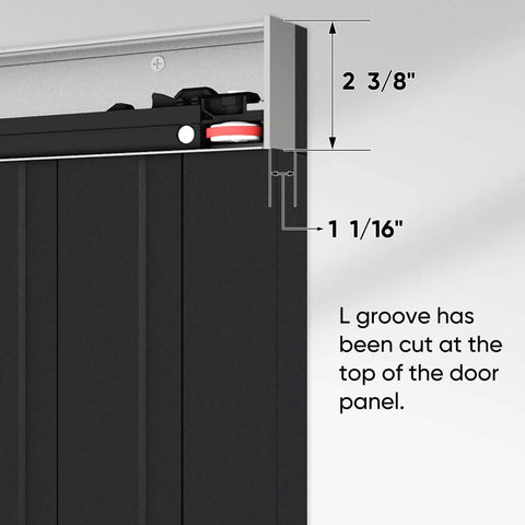Close-up of black Concealed Sliding Barn Door With Soft Close Hardware Kit showing L groove cut and dimensions for installation