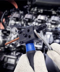 Close-up view of ZUXUSE brake line flaring tool kit in use; copper line inserted into 3/16–1/4 in double flaring tool, gloved hands.
