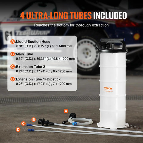 Front view of VEVOR 6.5L manual fluid extractor pump with dipstick and suction hose; four long tubes shown.