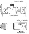 Diagram of 14A Series Narrow Low Profile Bilge Pump With Water Level Sensing, 1100 GPH, 12V DC, showing dimensions and design features.