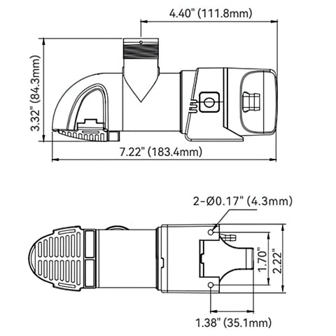 Diagram of 14A Series Narrow Low Profile Bilge Pump With Water Level Sensing, 1100 GPH, 12V DC, showing dimensions and design features.