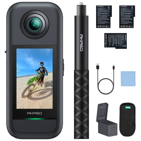 Weatherproof 5.7K 360 Video Action Camera Creator Bundle with accessories including invisible selfie stick and batteries