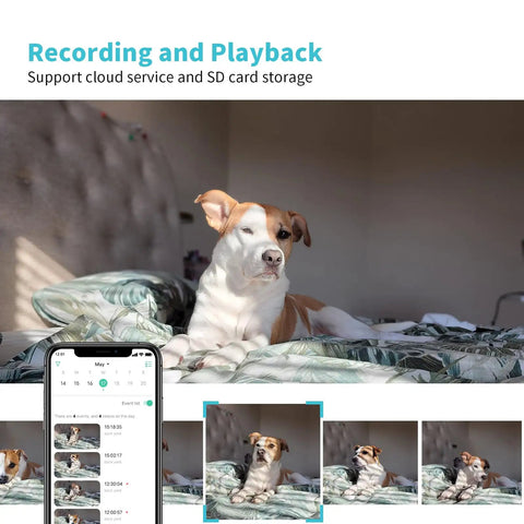 Dog resting on bed monitored by 2K HD Pet Camera With 360 Degree Pan Tilt 8X Optical Zoom Night Vision Motion Tracking Alarm.