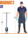Heavy Duty Hand Auger Post Hole Digger 6 Inch By 46 Inch With Non Slip Hardwood T Handle next to person wearing gloves and apron
