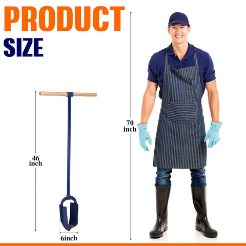 Heavy Duty Hand Auger Post Hole Digger 6 Inch By 46 Inch With Non Slip Hardwood T Handle next to person wearing gloves and apron