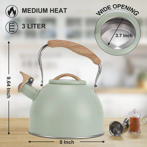 3 Liter Teapot With Loud Whistle Stainless Steel Stove Top Kettle With Wood Pattern Folding Handle Green Food Grade Teapot