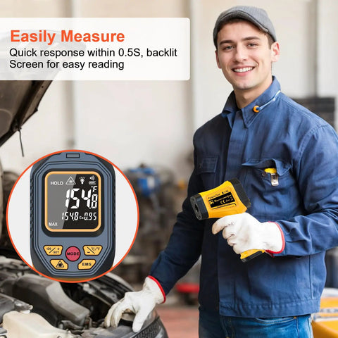 Rechargeable Infrared Temp Gun With Non Contact Laser Readout From Minus 58 Fahrenheit To 1472 Fahrenheit High Accuracy Digital Infrared Temperature Gun For Cooking Griddle Oven Meat Food HVAC Automotive Industrial Use USB C Recharge, mechanic in garage