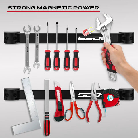 Magnetic Tool Holder Storage Organizer 7-Piece Set with tools on a garage wall mount rack showcasing power magnet strip.