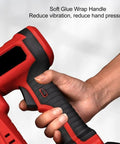 Close-up of No Sweat Garage Grade Brushless Cordless Brad Nailer With Rapid Single Contact Firing Mode handle for comfort.