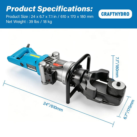 Crafthydro 1600W Electric Hydraulic Rebar Bender Tool For 1 Inch #8 25mm Steel Rod Bending Machine side view with dimensions
