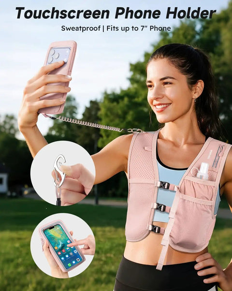 Reflective Hydration Vest With 500ml Soft Flask And Phone Holder Go To Lightweight Running Pack For Men And Women in use outdoors