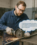 GEPPHILL 304 stainless steel coil tubing, 1/2 in OD, on a workbench; worker grinding with a grinder, sparks.