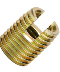 20 Piece 302 Carbon Steel Self Tapping Thread Inserts With Yellow Zinc Plating, Built To Last Thread Repair Kit For Automotive And Industrial Use, M2 To M12 Assortment. Close-up of one yellow zinc self tapping thread insert