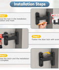 Installation steps for a 90 And 180 Degree Sliding Barn Door Lock Adjustable Zinc Alloy Security Latch on a wooden surface.