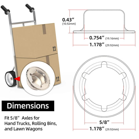 4 Pack 5/8 Push Nut Axle Caps Badass Heavy Duty Zinc Coated Steel Locking Clips shown with dimensions for hand trucks.