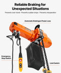 Close-up of Dual Speed G100 Chain Electric Hoist Lifter With 2200 Lbs Capacity showing limit switch and emergency stop switch.