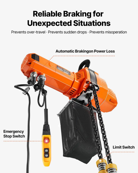 Close-up of Dual Speed G100 Chain Electric Hoist Lifter With 2200 Lbs Capacity showing limit switch and emergency stop switch.
