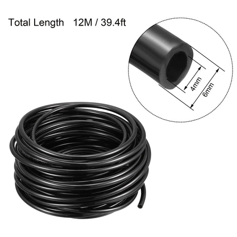 Durable Polyurethane Air Tubing 6mm OD 4mm ID 12 Meters Black Pneumatic Hose For Air Compressors Flexible And Kink Resistant PU Tubing For DIY And Pro Use Real Deal Workhorse, shown coiled with a cross-section view.