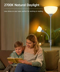 Woman and child reading beside Modern Silver Floor Lamp With Dual LED Heads, 12W Main Light And 4W Adjustable Reading Lamp