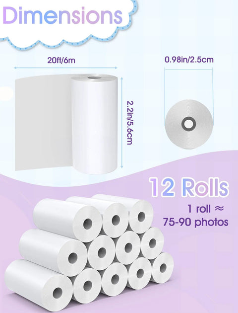 12 Roll Kids Camera Paper Roll Refills Two Point Two Inch By 20 Foot Thermal Paper For Instant Print Cameras and Mini Sticker Printers