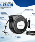 Black 100 Ft 1/2 Inch Retractable Garden Hose Reel With Auto Rewind, Wall Mount Enclosed Storage, 10 Pattern Nozzle shown with features