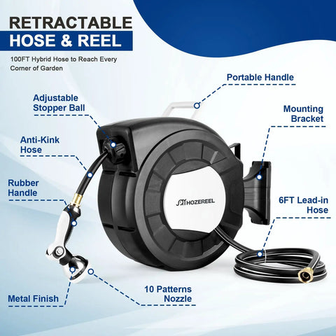 Black 100 Ft 1/2 Inch Retractable Garden Hose Reel With Auto Rewind, Wall Mount Enclosed Storage, 10 Pattern Nozzle shown with features