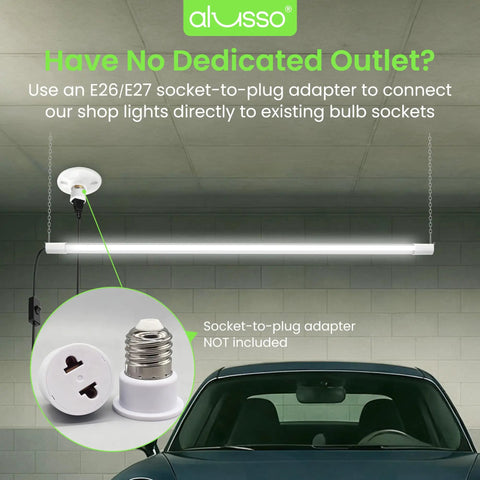 4Ft LED Shop Lights for Garage and Workshop, Ultra Bright 4800 Lumens, hanging from ceiling with socket adapter shown