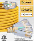 Heavy Duty 25 Ft Outdoor Extension Cord With Three Outlets Waterproof 12 Gauge 3 Prong SJTW Cable Lighted End 15 Amp 1875 Watt ETL Listed