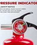 Close-up of pressure indicator on Grab And Dash Two Point Five Lb Multi Purpose Fire Extinguisher showing safety notices.