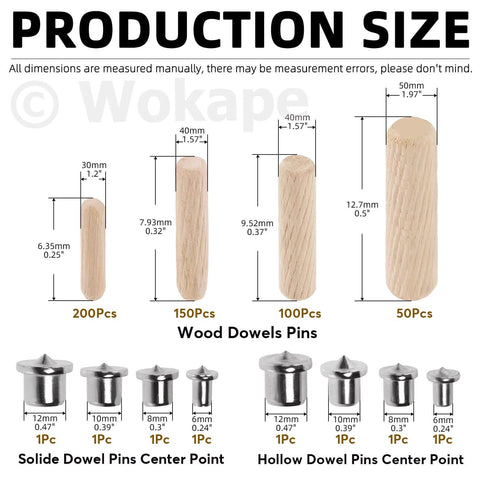 508 Piece Wooden Dowel Pin Set With Center Points In Four Sizes One Quarter Inch, Five Sixteenth Inch, Three Eighth Inch And One Half Inch Beveled Ends Solid And Hollow Dowel Pins For Furniture Repair And DIY Projects dimensions and description